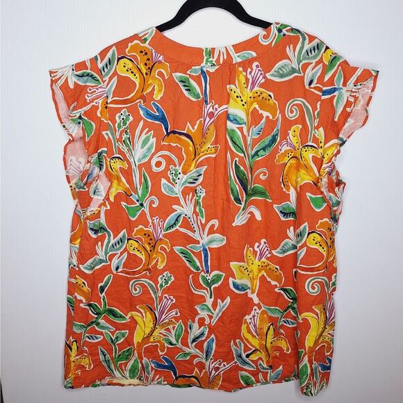 Rachel Rachel Roy Linen Floral Top 2X Popover Tiger Lily Flutter Sleeve V-neck - Picture 8 of 9